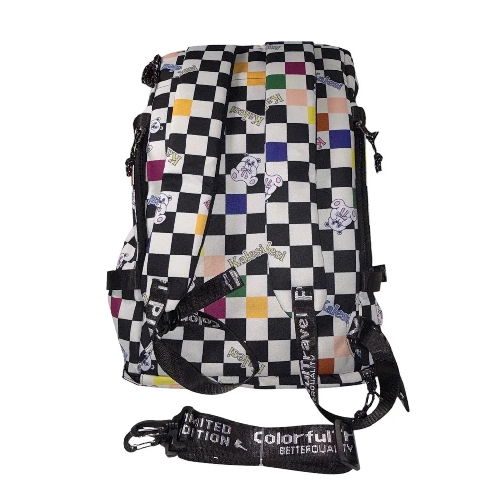 Kalesi Convertible Backpack Duffel Large Multicolor Checkered‎ Teddy Bear 20in